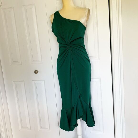 Women Night Gown Dress Large Green One Shoulder Ruffle Hem CHICME - Picture 3 of 16